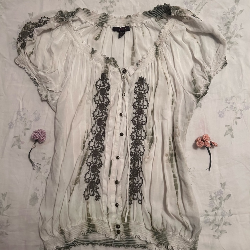 Fever White and Gray Lace Accent Blouse